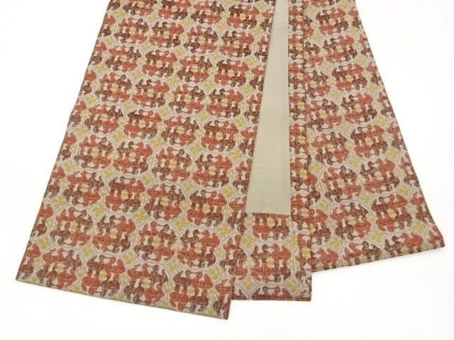  抽象向かい動物模様織出し開き名古屋帯（額縁仕立て）